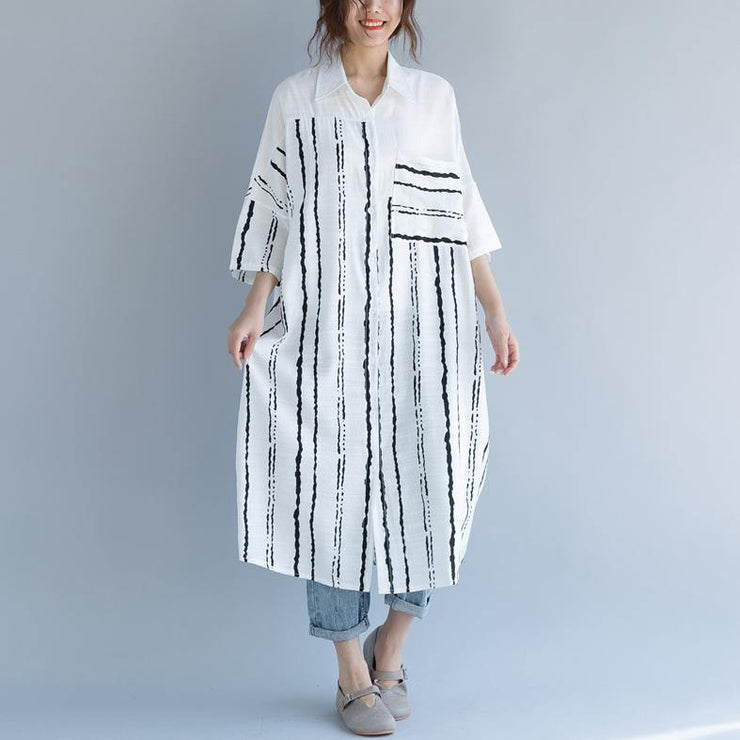 2018 white cotton dress plus size clothing dresses women bracelet sleeved patchwork Turn-down Collar striped cotton dresses - SooLinen