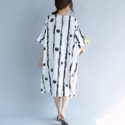 2018 white cotton knee dress plus size clothing shirt dress fine short sleeve baggy dresses print o neck cotton dresses - SooLinen
