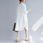 2018 white cotton shirt dress plus size traveling clothing casual long sleeve pockets side open Turn-down Collar cotton shirt dress - SooLinen
