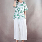 2018 white print linen tops plus size shirts vintage short sleeve o neck natural linen pullover - SooLinen