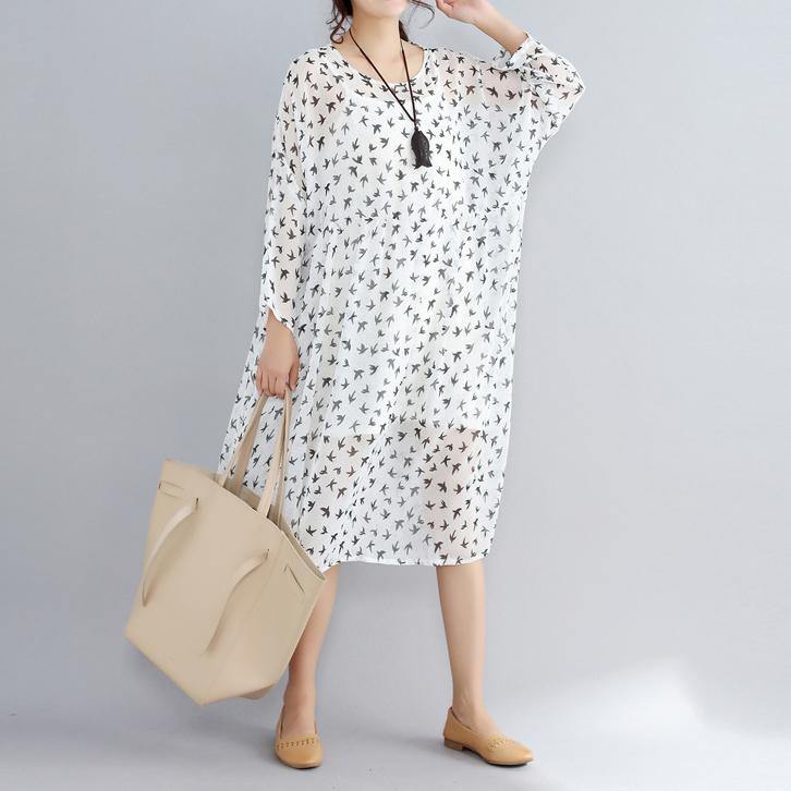2018 white prints natural chiffon dress oversized long sleeve two pieces chiffon dress - SooLinen
