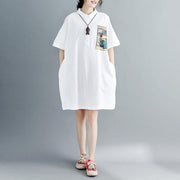 2018 white pure cotton dress oversize clothing dresses 2018 short sleeve Turn-down Collar clothing dresses - SooLinen