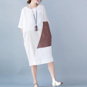 2018 white pure cotton linen dress oversize vintage half sleeve patchwork O neck pockets cotton linen dress - SooLinen