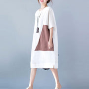 2018 white pure cotton linen dress oversize vintage half sleeve patchwork O neck pockets cotton linen dress - SooLinen