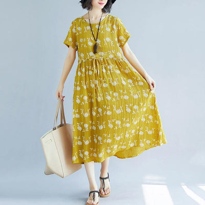 2018 yellow cotton blended shift dresses oversize clothing dress New short sleeve print drawstring clothing dress - SooLinen