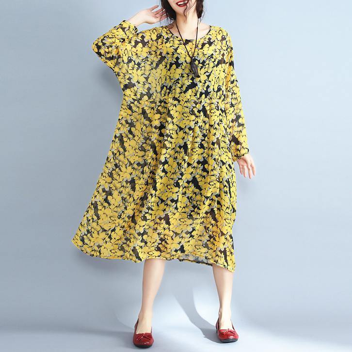 2018 yellow floral natural chiffon dress  Loose fitting o neck traveling dress - SooLinen
