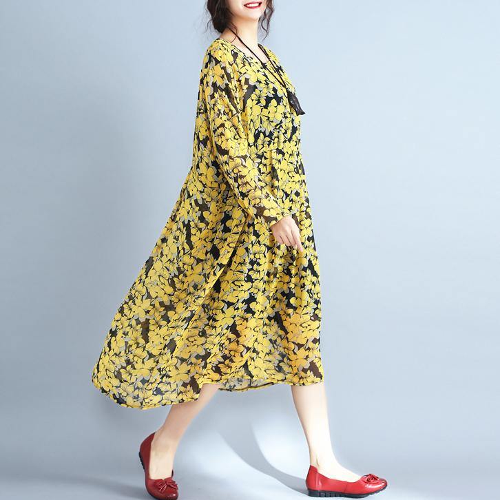 2018 yellow floral natural chiffon dress  Loose fitting o neck traveling dress - SooLinen