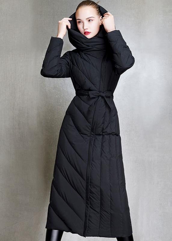2019 Loose fitting womens parka hooded winter outwear black  tie waist down coat winter - SooLinen