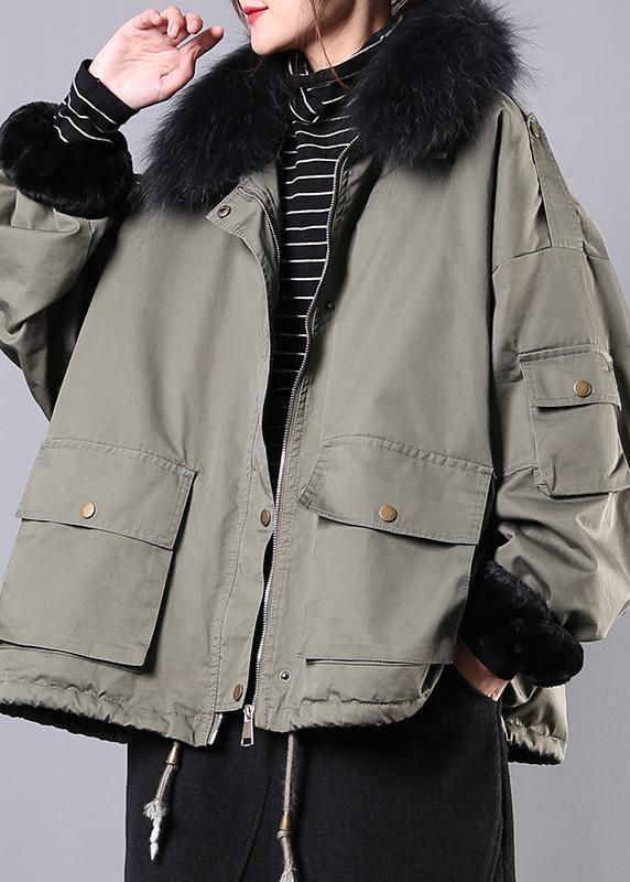 2019 army green casual outfit oversize snow jackets pockets faux fur ...