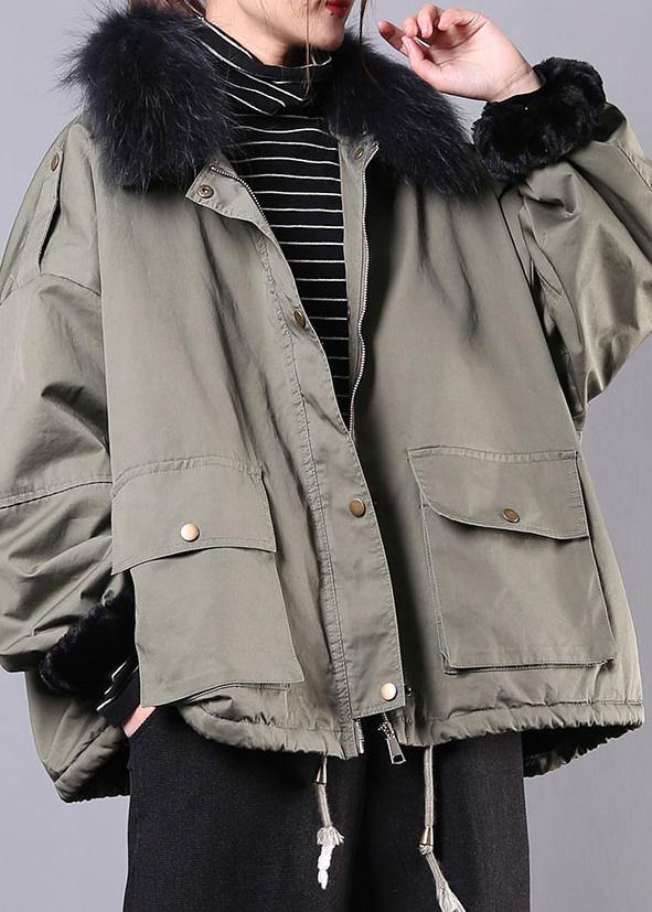 2019 army green casual outfit oversize snow jackets pockets faux fur collar winter coats - SooLinen