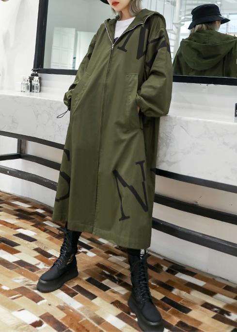 2019 army green coat plus size long fall coat hooded pockets zippered outwear - SooLinen