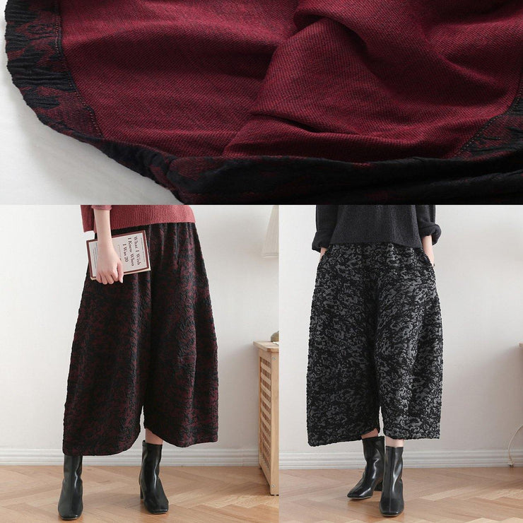 2019 autumn and winter literary wide leg pants large size jacquard retro nine points red pants - SooLinen