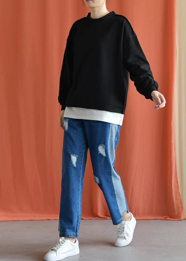 2019 autumn casual patchwork pants women elastic waist ripped jeans - SooLinen