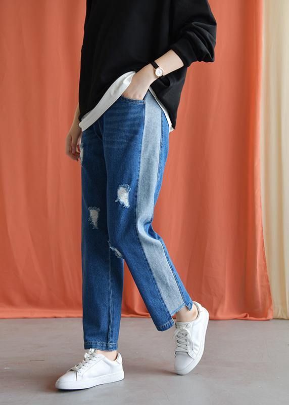 2019 autumn casual patchwork pants women elastic waist ripped jeans - SooLinen