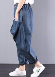 2019 autumn old casual pants big pockets denim blue harem pants - SooLinen