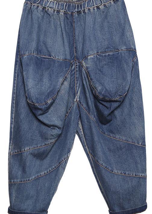 2019 autumn old casual pants big pockets denim blue harem pants - SooLinen