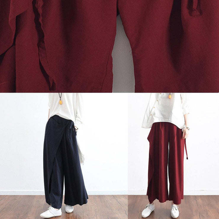 2019 autumn original design literary retro tie irregular wide leg casual burgundy pants - SooLinen
