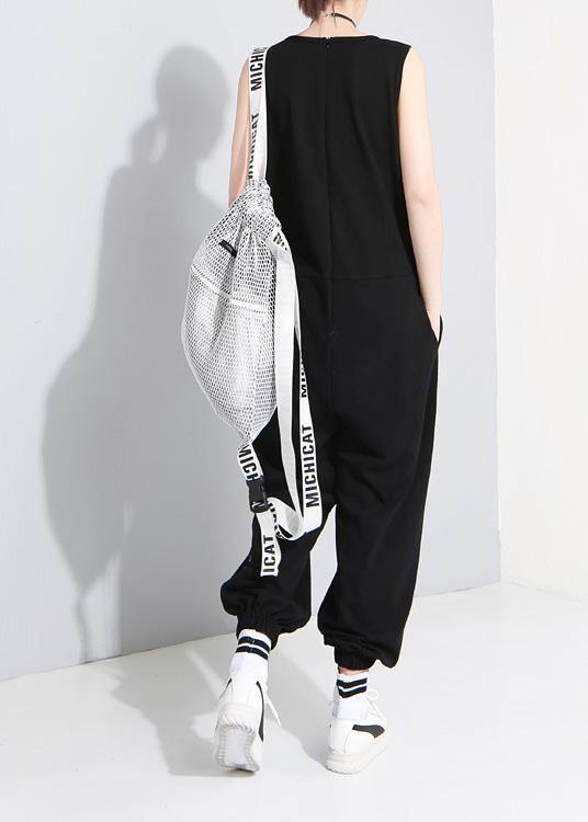 2019 black fashion cotton linen sleeveless tops casual jumpsuit pants - SooLinen