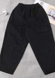 2019 black loose cotton pants elastic waist casual harem pants - SooLinen
