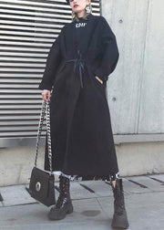 2019 black woolen overcoat plus size winter Notched tie waist coat - SooLinen