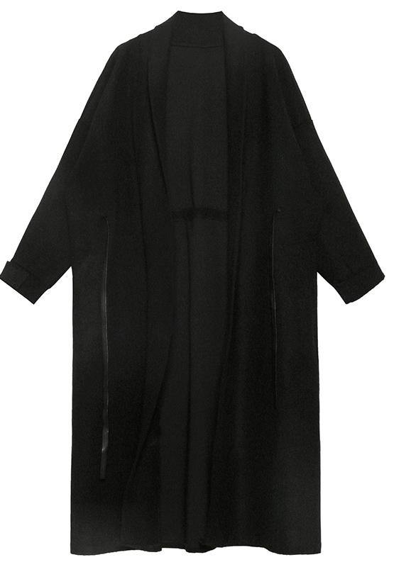 2019 black woolen overcoat plus size winter Notched tie waist coat - SooLinen