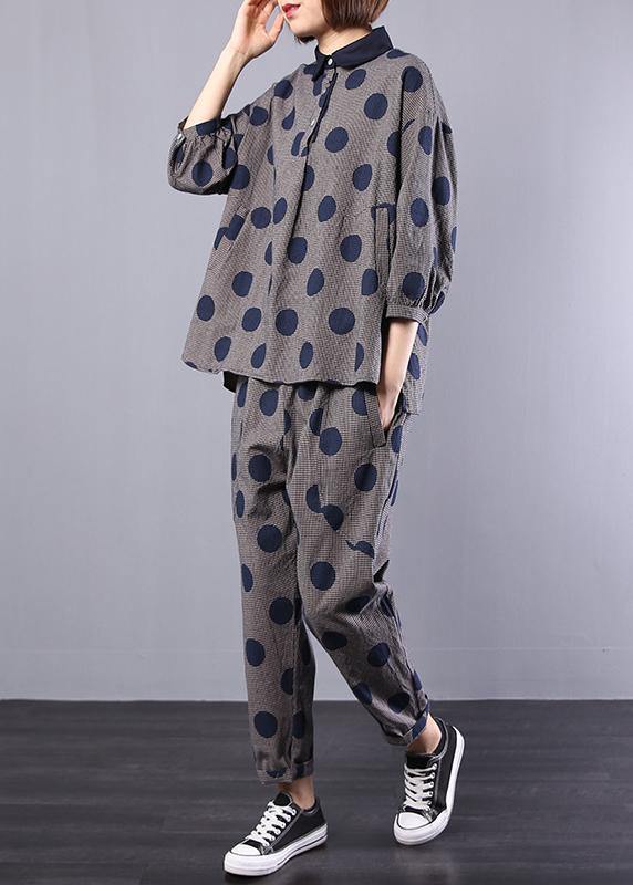 2019 blue dotted cotton lapel collar tops and elastic waist pants two pieces - SooLinen