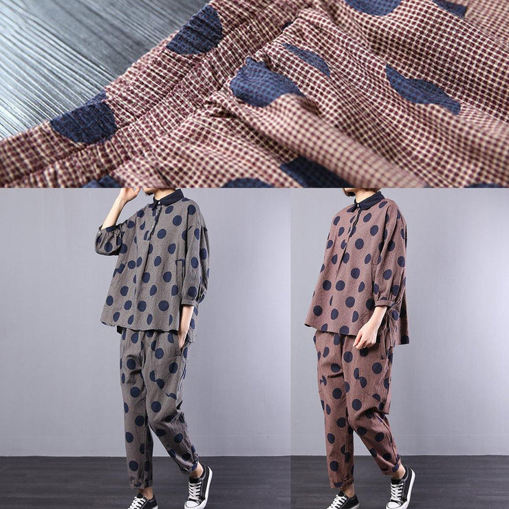 2019 blue dotted cotton lapel collar tops and elastic waist pants two pieces - SooLinen