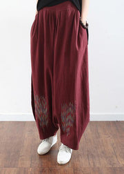 2019 burgundy cotton linen wide leg pant plus size traveling pants - SooLinen