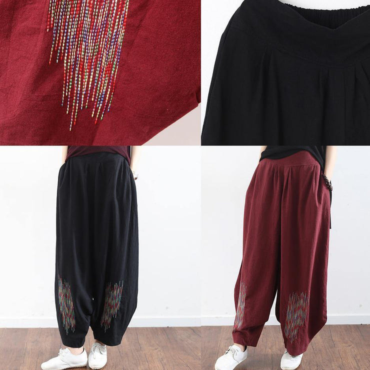 2019 burgundy cotton linen wide leg pant plus size traveling pants - SooLinen