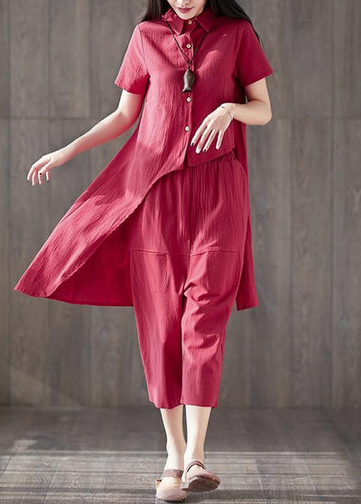 2019 casual two pieces women red asymmetric lapel tops and pockets harem pants - SooLinen