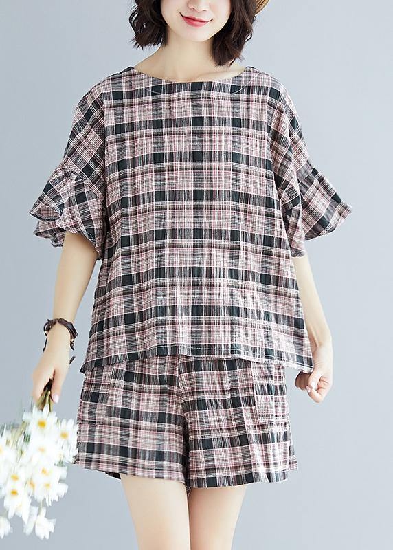 2019 fashion plue size Plaid cotton linen tops and hot pants two pieces summer - SooLinen