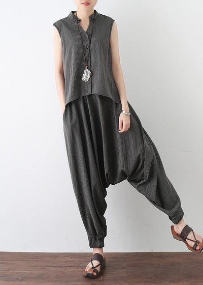 2019 gray casual cotton linen two pieces sleeveless tops and casual pants - SooLinen