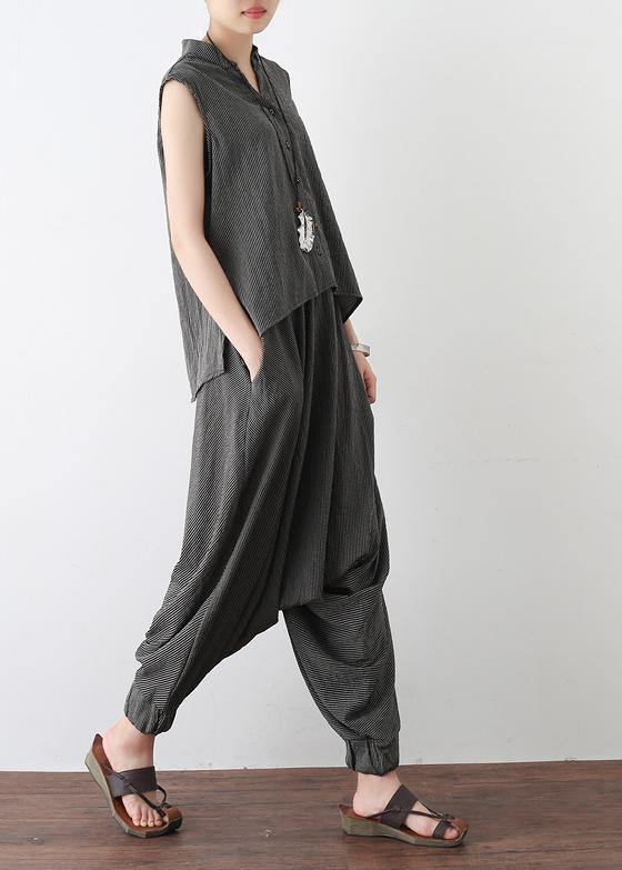 2019 gray casual cotton linen two pieces sleeveless tops and casual pants - SooLinen