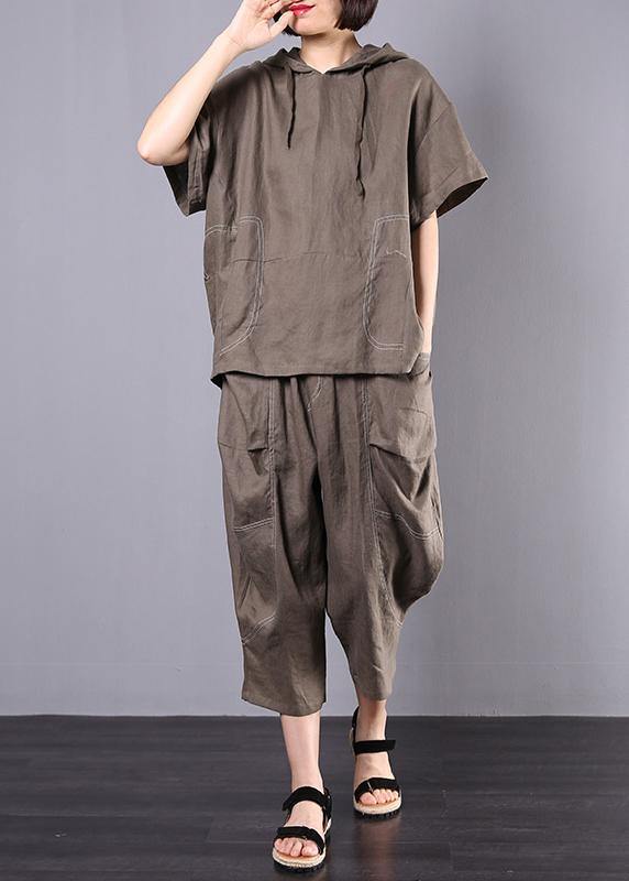 2019 gray cotton linen loose hooded tops and women harem pants two pieces - SooLinen
