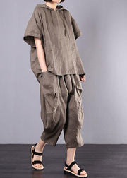 2019 gray cotton linen loose hooded tops and women harem pants two pieces - SooLinen