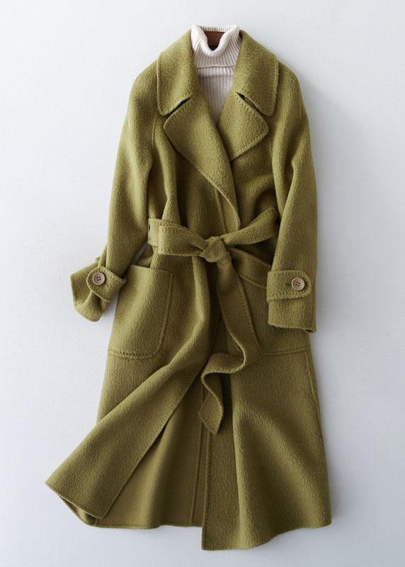 2019 green Wool jackets plus size long winter coat lapel collar women coats tie waist - SooLinen