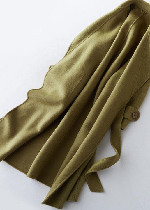 2019 green Wool jackets plus size long winter coat lapel collar women coats tie waist - SooLinen