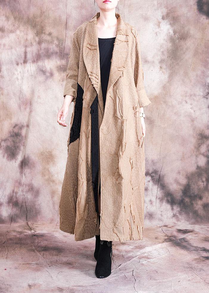 2019 khaki Coat Women plus size clothing fall turn-down collar tie waist Coats - SooLinen