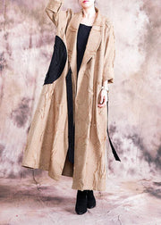 2019 khaki Coat Women plus size clothing fall turn-down collar tie waist Coats - SooLinen
