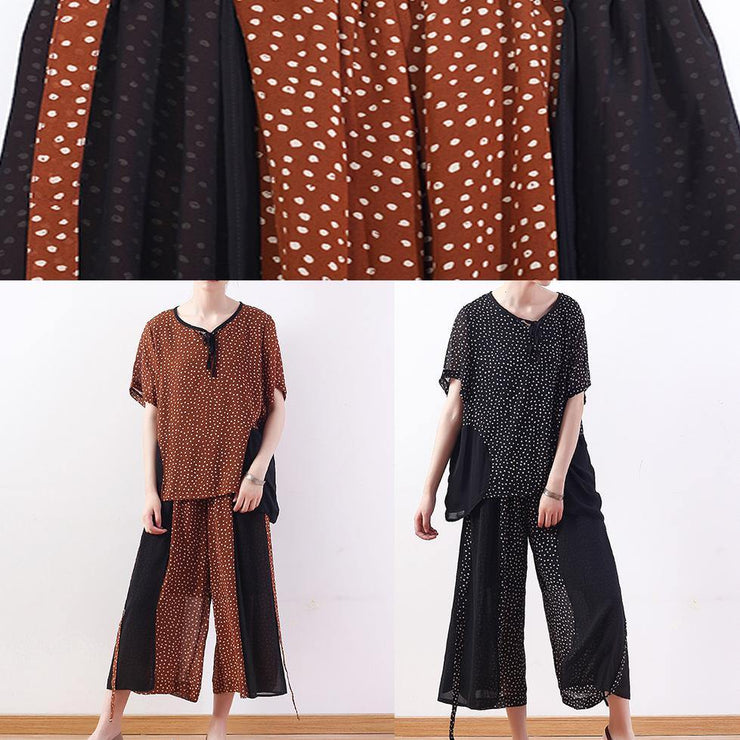 2019 khaki casual two pieces chiffon dotted tops and patchwork wide leg pants - SooLinen