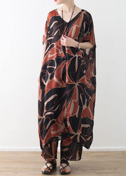 2019 khaki vintage chiffon two pieces v neck dress and elastic waist wide leg pants - SooLinen
