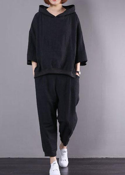 2019 new black cotton linen two pieces hooded pullover and elastic waist pants - SooLinen