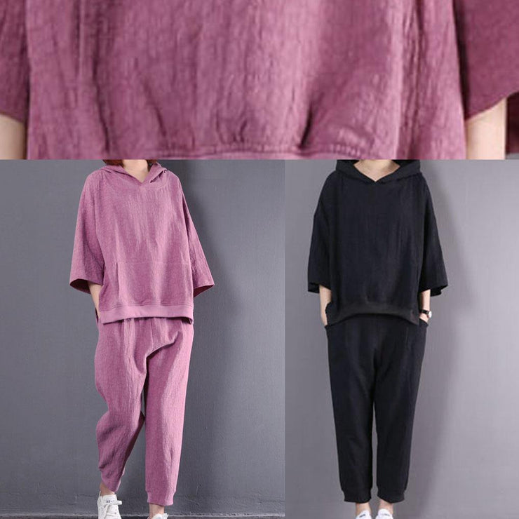 2019 new black cotton linen two pieces hooded pullover and elastic waist pants - SooLinen