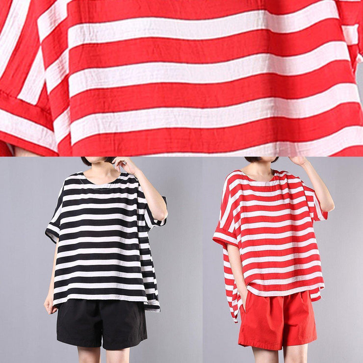 2019 new cotton blended black striped short sleeve pullover with elastic waist short two pieces - SooLinen
