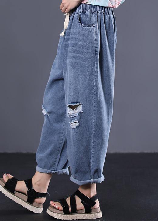 2019 new denim blue plus size pants elastic waist drawstring ripped Jeans - SooLinen