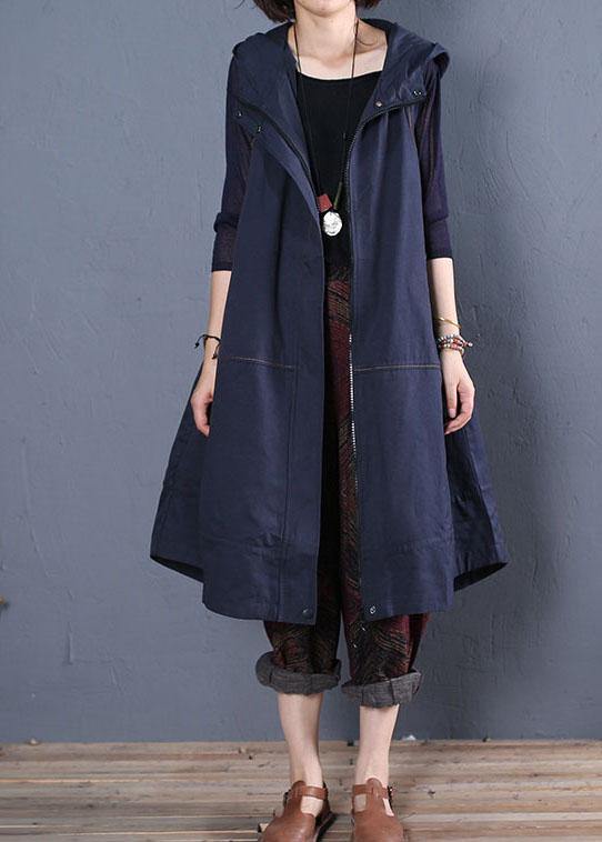 2019 oversize long coat fall blue hooded sleeveless jackets - SooLinen