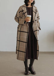 2019 plaid wool coat plus size Notched pockets long woolen outwear - SooLinen