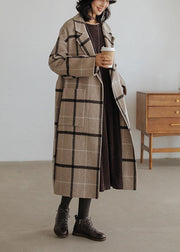 2019 plaid wool coat plus size Notched pockets long woolen outwear - SooLinen