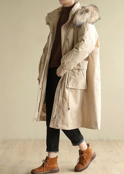 2019 plus size Jackets & Coats big pockets winter coats beige yellow fur collar coats - SooLinen
