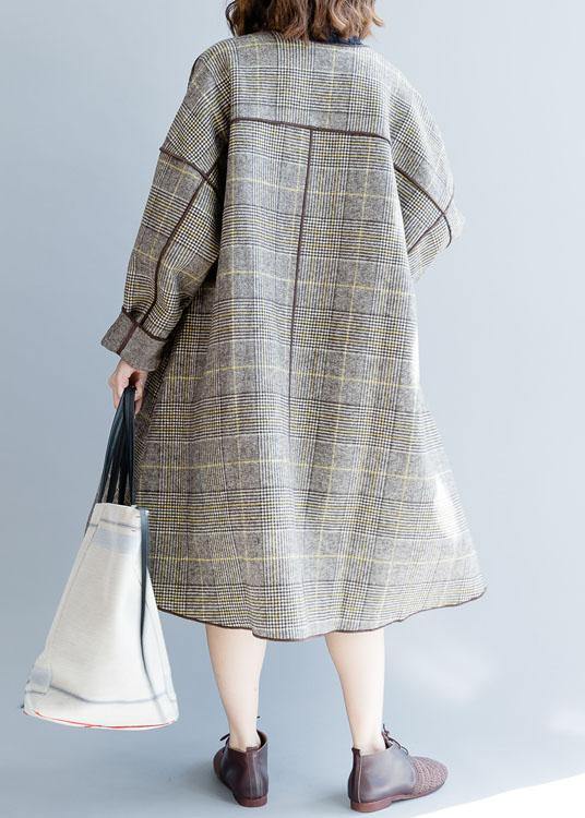2019 plus size long coat fall women coats plaido neck pocketswoolen coats - SooLinen